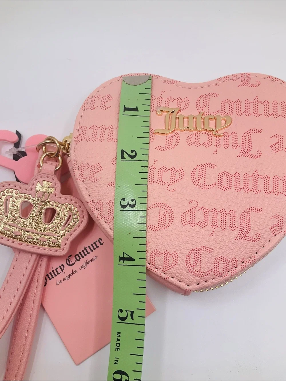 NWT Juicy Couture Pink Heart Wristlet Coin Purse Crown Zip Pull - Macaroon Dots